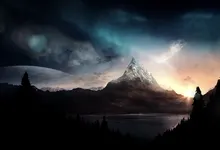 sunset sunrise mountains landscapes trees futuristic silhouette fantasy art lakes birds skyline 1 Art HD Wallpaper